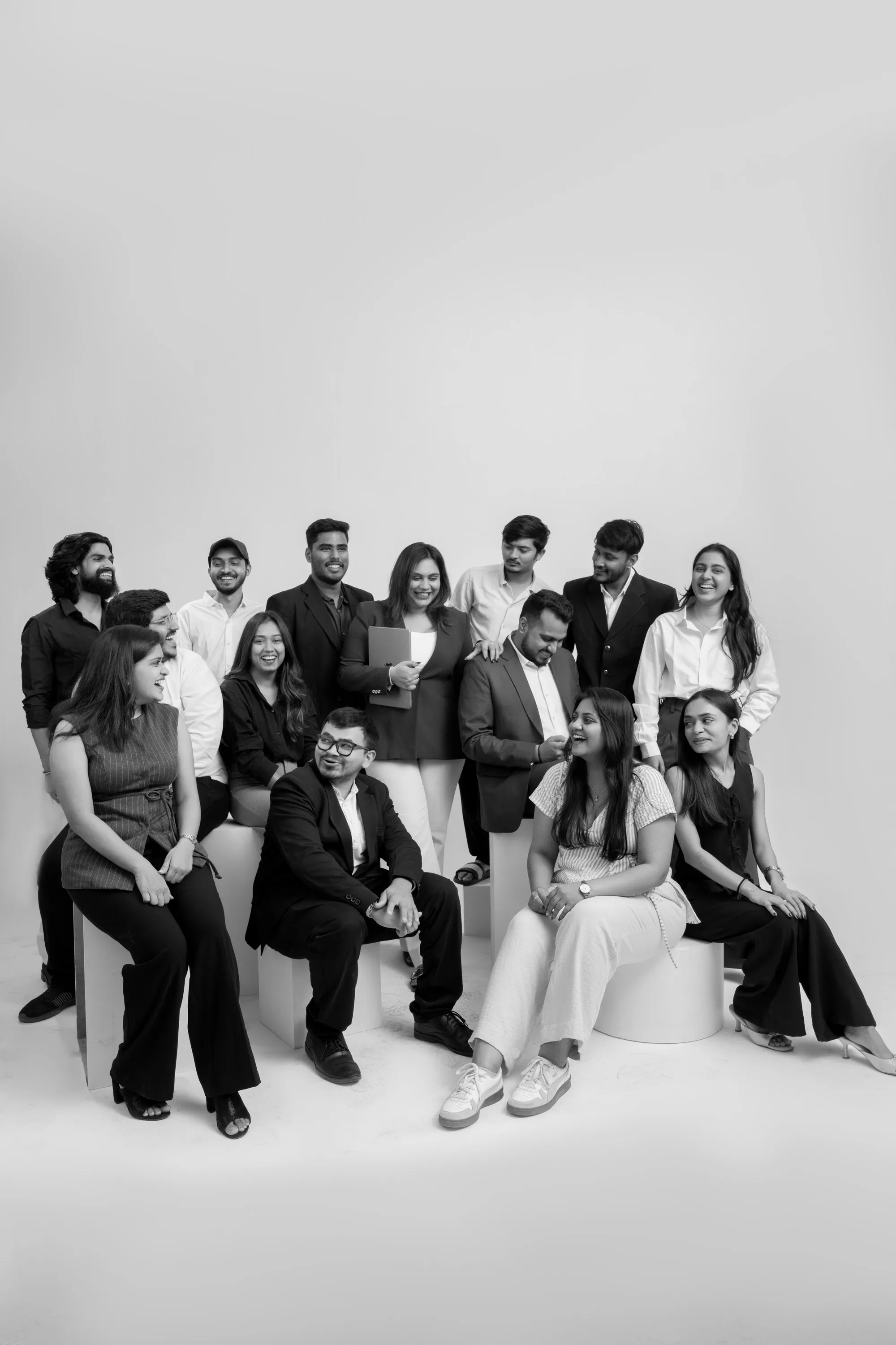 The TWSS team together on set, in black and white